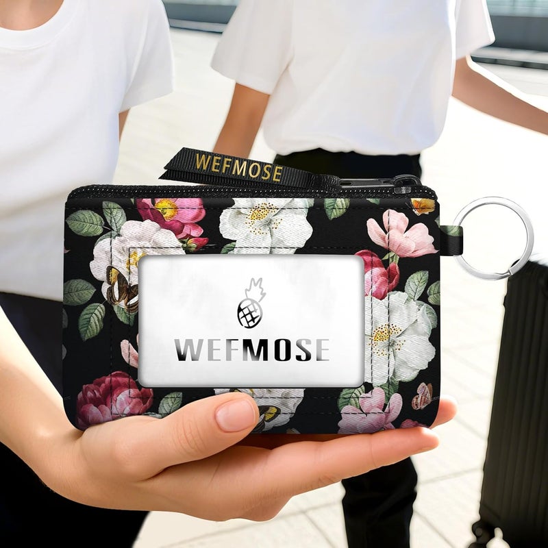 WEFMOSE Small Wallet Keychain with Clear ID Window Zipper Cute ID Case Coin Purse for Women Water Resistant Coin Pouch-Black Floral Keychain Wallet - Image 5